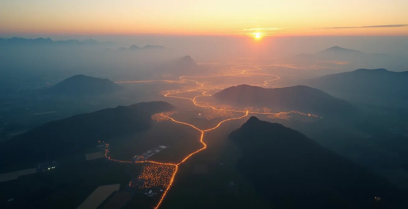 Aerial view of interconnected regional cities with electric flight paths