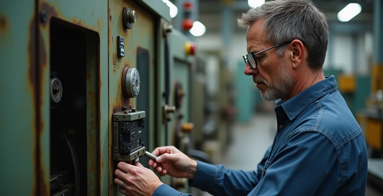 Technician installing modern IoT retrofit kit on vintage CNC machine in manufacturing facility