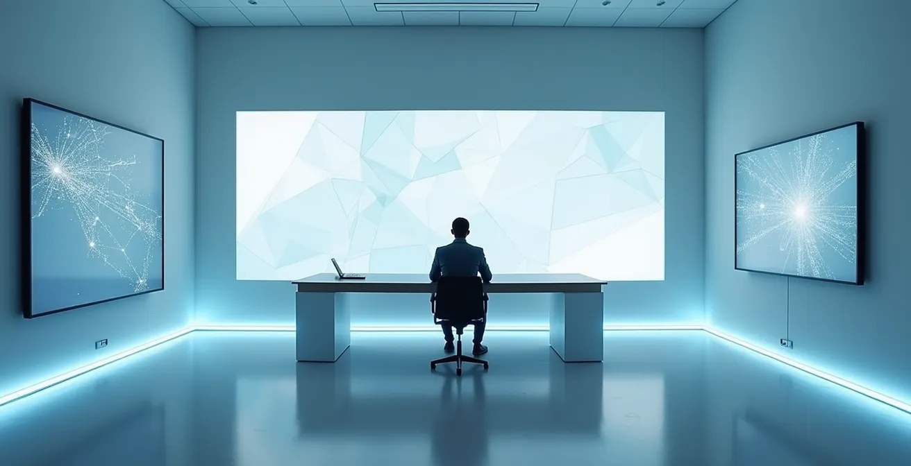 Modern control room with multiple monitoring screens showing bot performance metrics and workflow visualizations