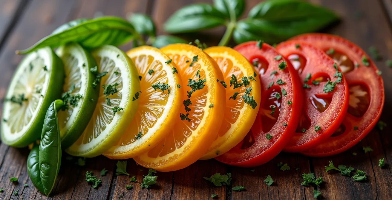 Overhead view of seasonal produce arranged by harvest months