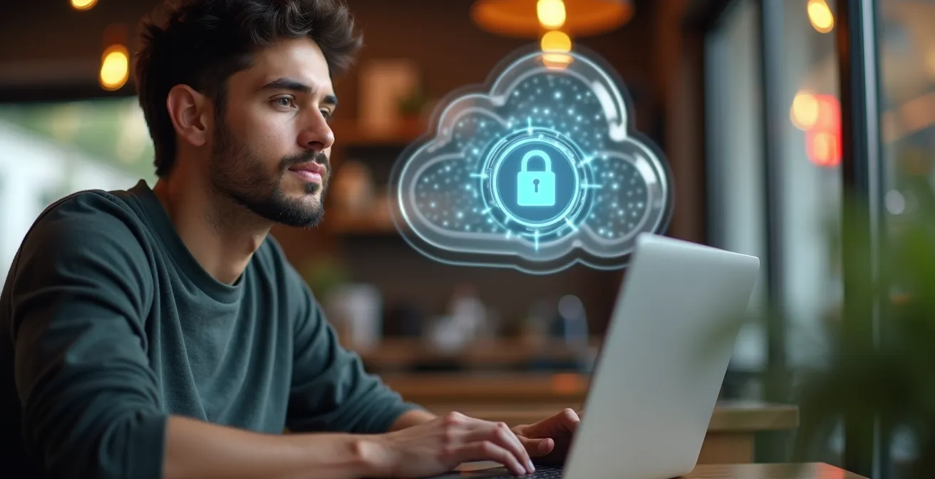 Developer working on personal laptop with secure cloud environment visualization