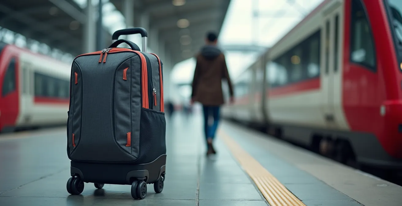 A compact rolling backpack sits on a European train platform, with a high-speed train and a traveler blurred in the background