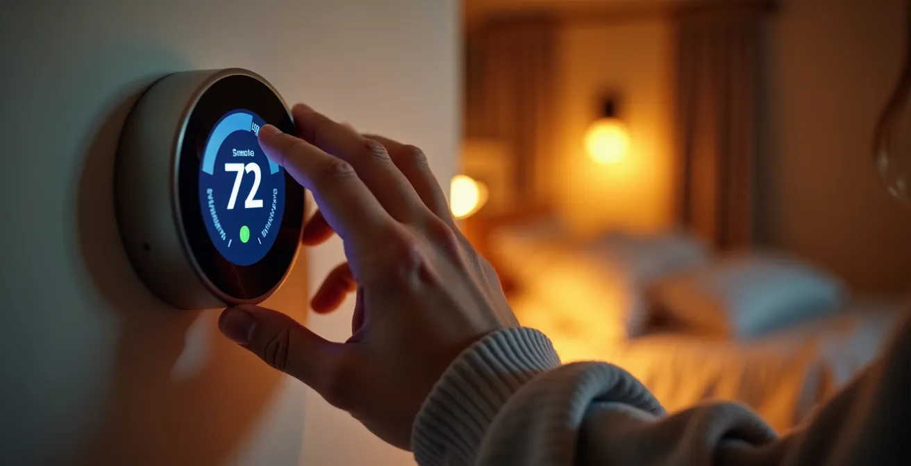Close-up of hands programming a smart thermostat with schedule display showing temperature setbacks