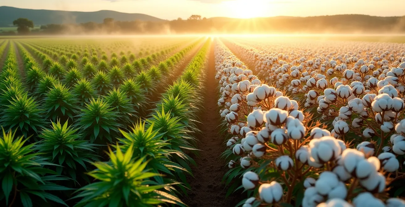 Split-screen comparison of hemp field with rainwater versus cotton field with irrigation systems