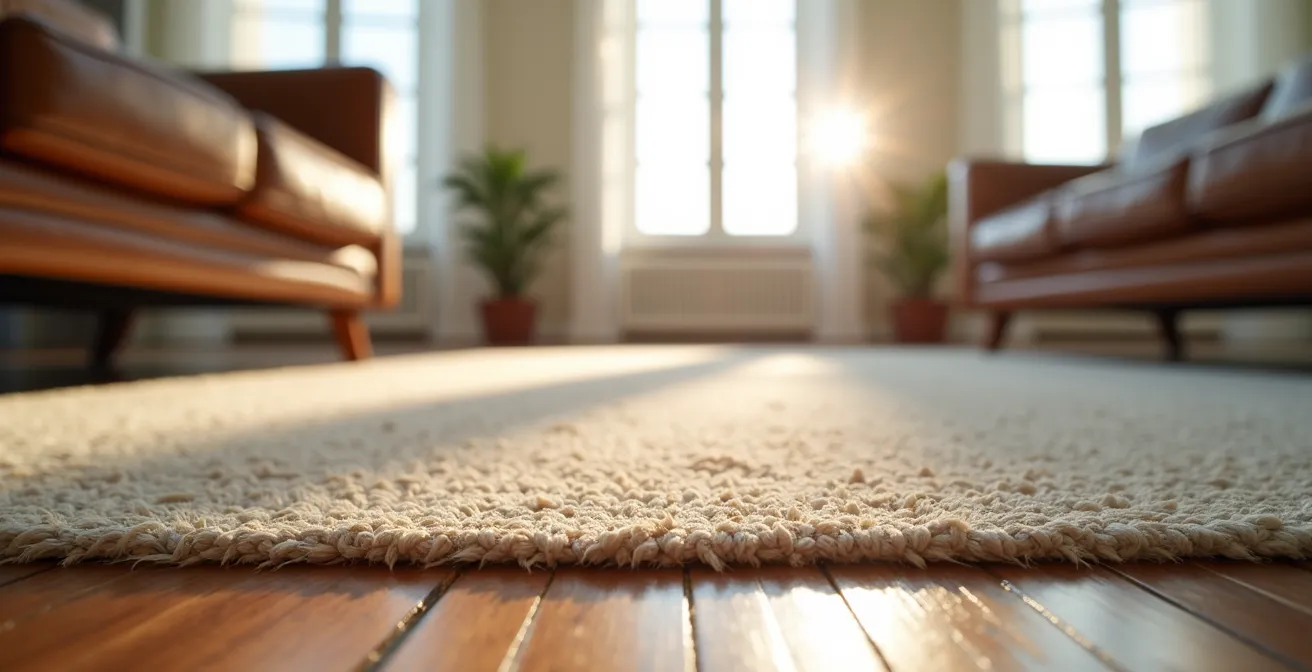 Wide-angle photograph of a minimally staged living room, showing an undersized rug and angled furniture to create forced perspective and leading lines toward a bright window.