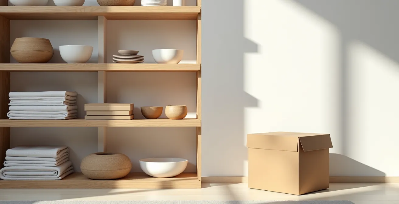 A minimalist closet space showing the contrast between organized active storage and a labeled quarantine box for uncertain items
