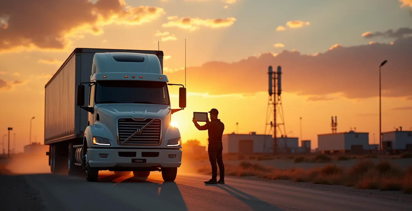 Maintenance truck with mounted LoRaWAN gateway collecting sensor data in remote industrial area