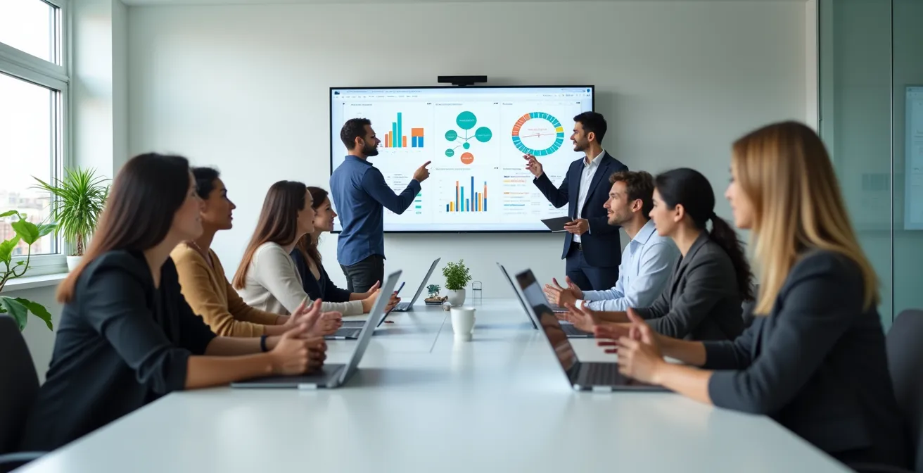 Diverse support team engaged in collaborative AI training workshop with interactive displays