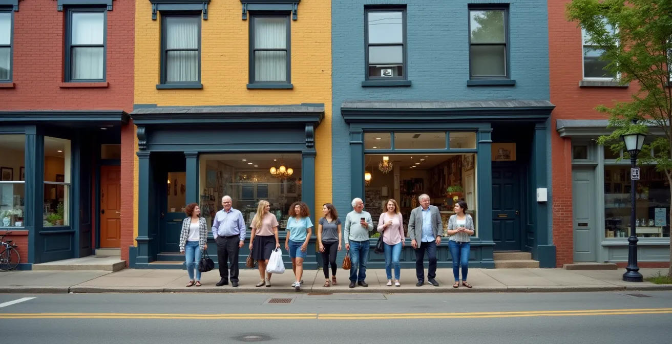Street-level view showing renovated and unrenovated buildings side by side