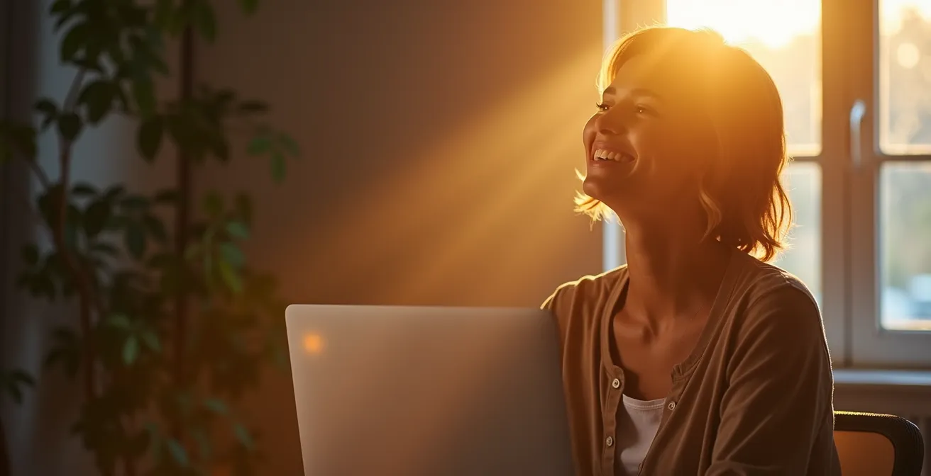 Person experiencing breakthrough moment with illuminated pathways converging