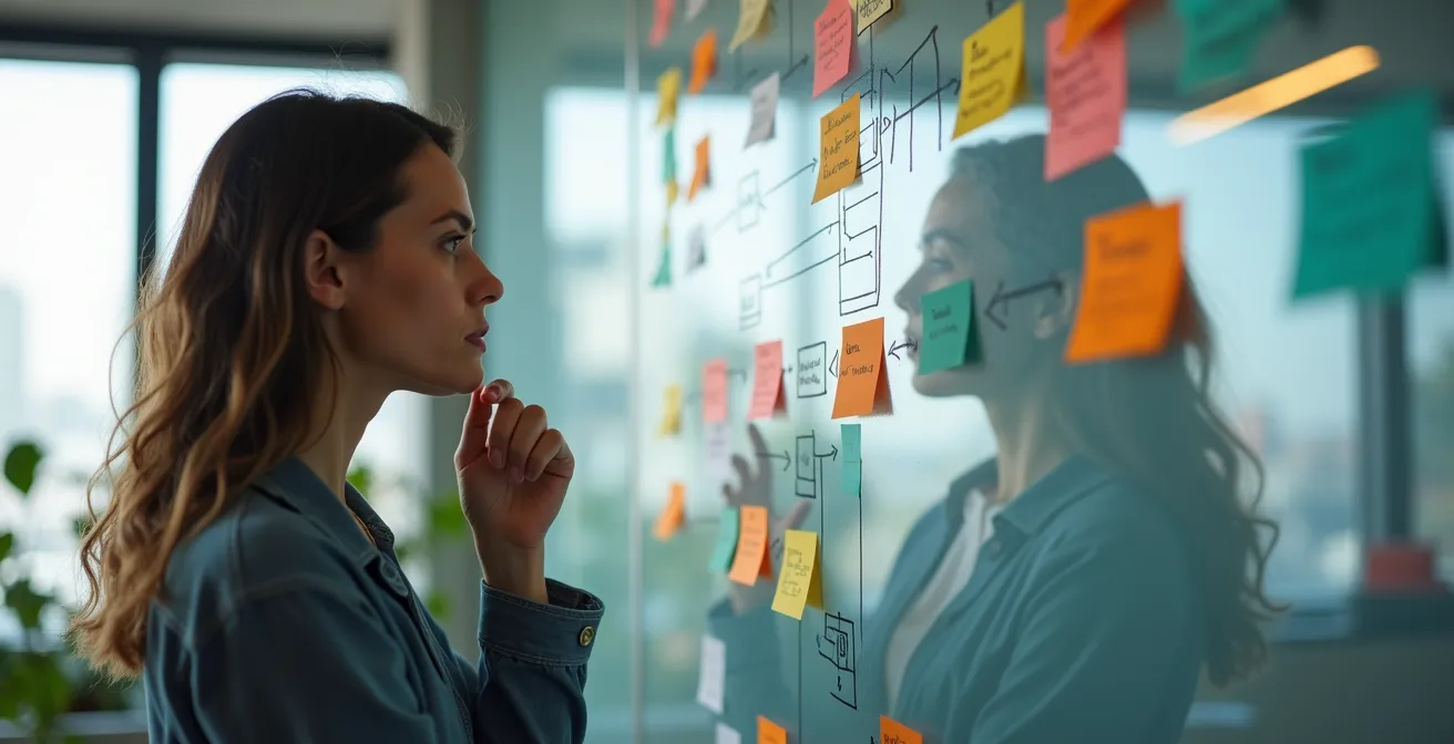 Professional analyzing workflow automation matrix on glass board with colored markers