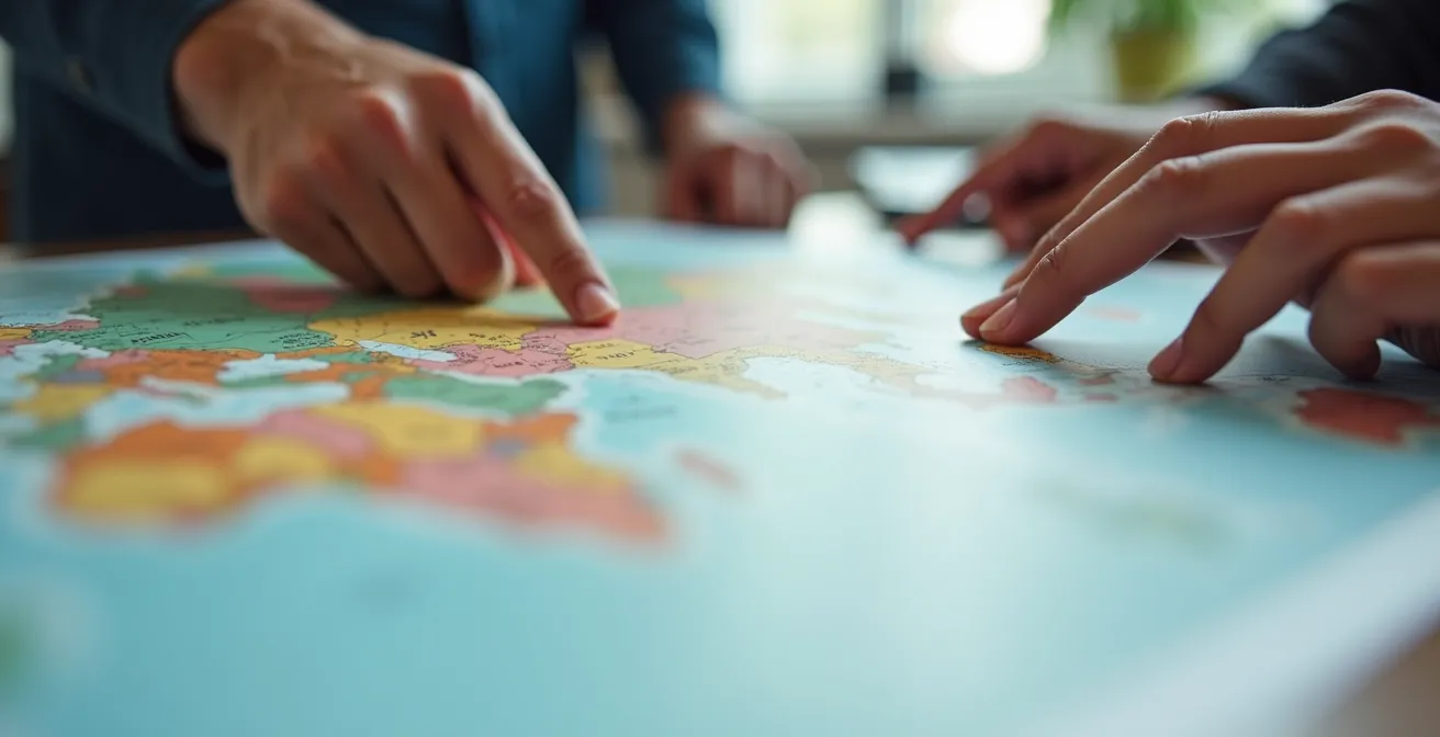Close-up view of hands analyzing colorful zoning map documents